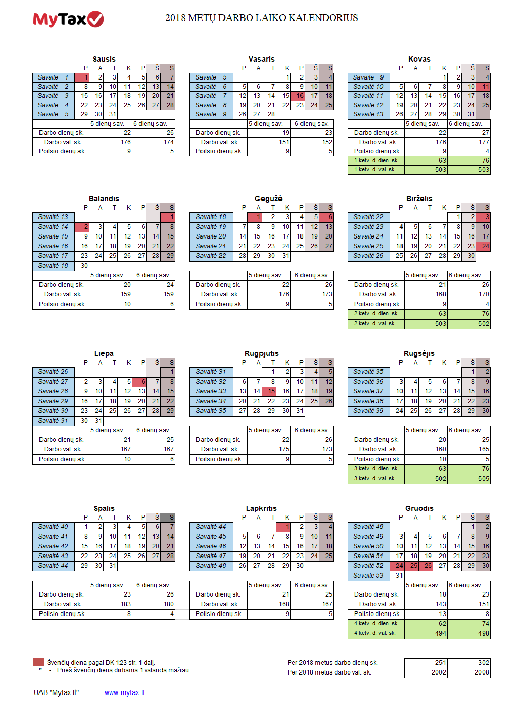 Kalendorius2018 2018 metų darbo kalendorius