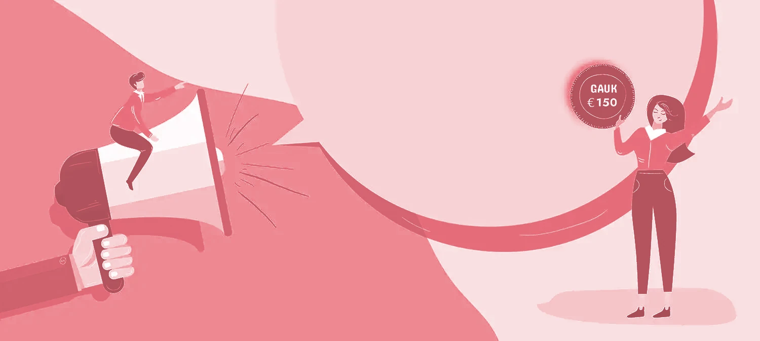 man sitting on a megaphone pointing at a woman holding up a sign that reads get 150 pounds